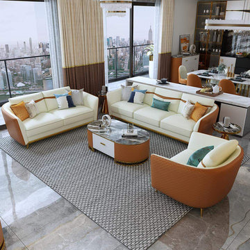 Orange Faux Leather Living Room Sofa with Single Sofa & Loveseat Set of 3-Richsoul-Furniture,Living Room Furniture,Living Room Sets